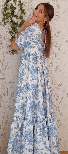 Cottage/vintage dress, abito in cotone fantasia "toile de jouy" in stile vintage, maniche a sbuffo e gonna ampia a balze