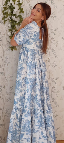 Cottage/vintage dress, abito in cotone fantasia "toile de jouy" in stile vintage, maniche a sbuffo e gonna ampia a balze