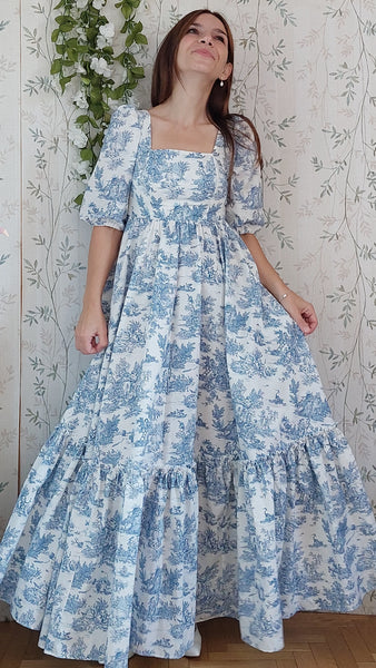 Cottage/vintage dress, abito in cotone fantasia "toile de jouy" in stile vintage, maniche a sbuffo e gonna ampia a balze