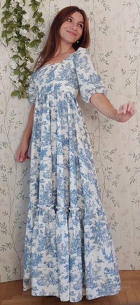 Cottage/vintage dress, abito in cotone fantasia "toile de jouy" in stile vintage, maniche a sbuffo e gonna ampia a balze