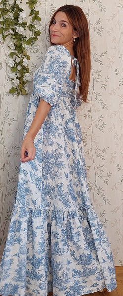 Cottage/vintage dress, abito in cotone fantasia "toile de jouy" in stile vintage, maniche a sbuffo e gonna ampia a balze