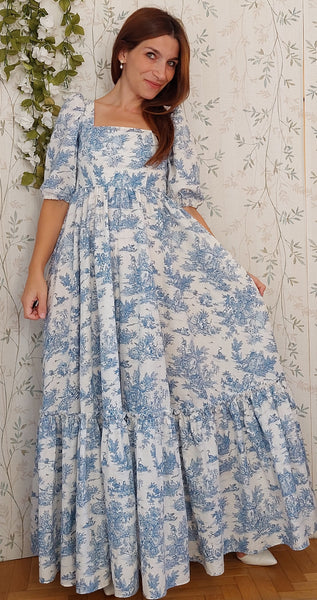 Cottage/vintage dress, abito in cotone fantasia "toile de jouy" in stile vintage, maniche a sbuffo e gonna ampia a balze