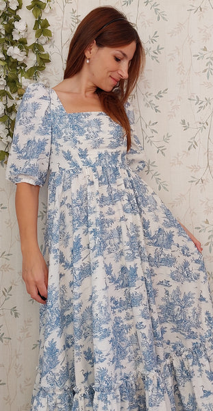 Cottage/vintage dress, abito in cotone fantasia "toile de jouy" in stile vintage, maniche a sbuffo e gonna ampia a balze