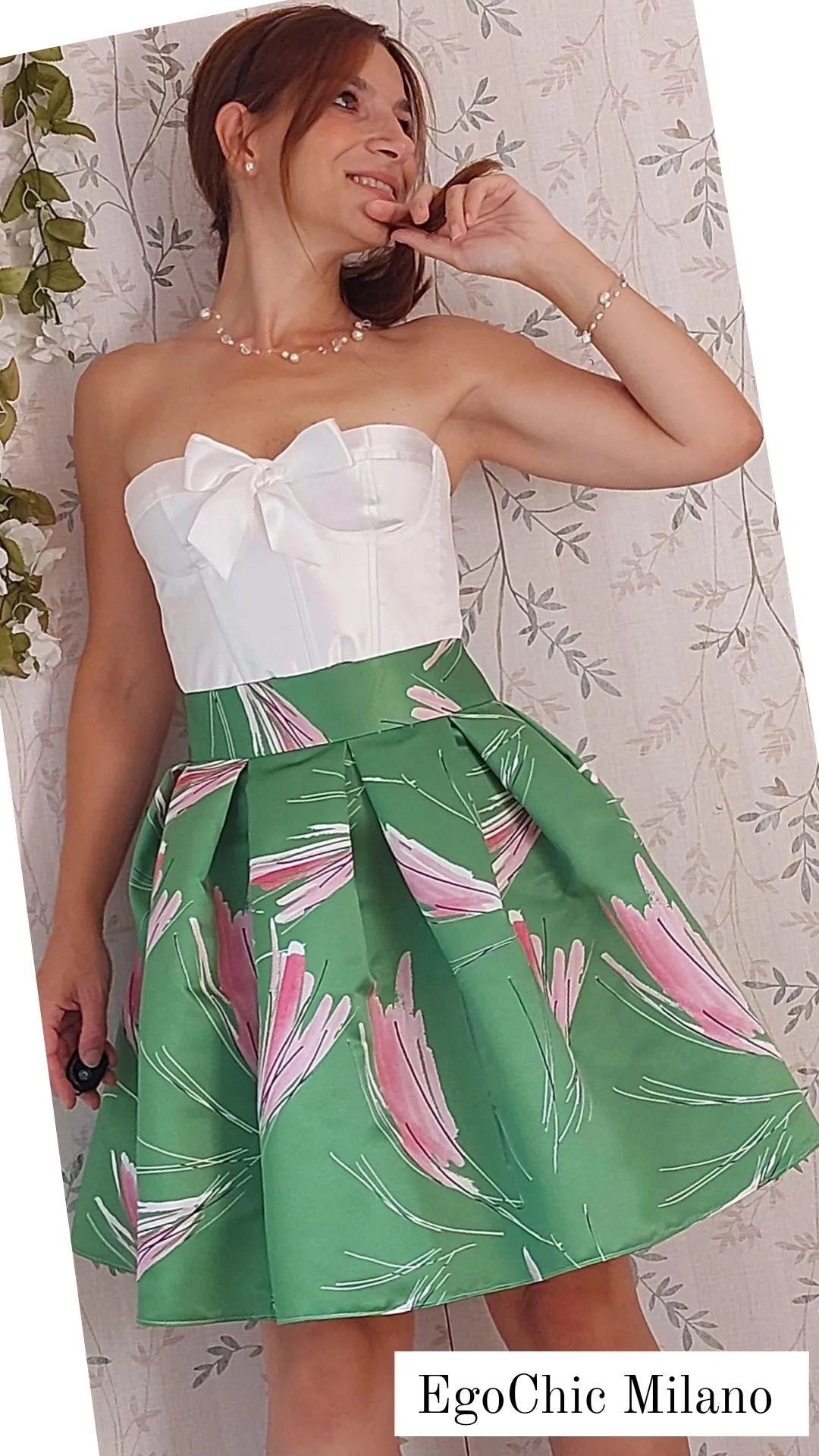 Gonna a pieghe "Pink Feathers" verde