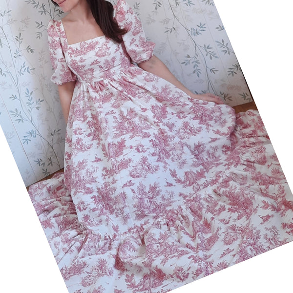 Cottage/vintage dress, abito in cotone fantasia "toile de jouy" in stile vintage, maniche a sbuffo e gonna ampia a balze