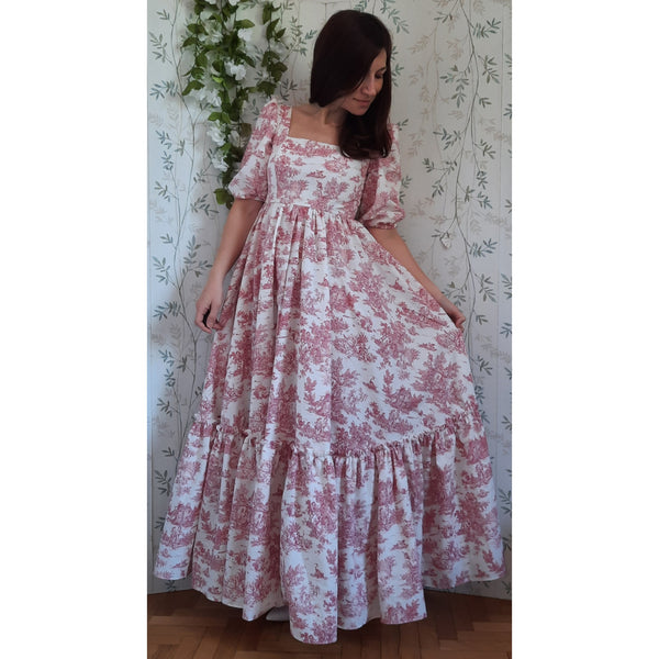 Cottage/vintage dress, abito in cotone fantasia "toile de jouy" in stile vintage, maniche a sbuffo e gonna ampia a balze