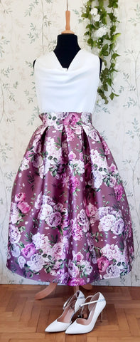 Gonna a pieghe Sabrina in stile anni '50, fantasia di rose (var. rosa antico)