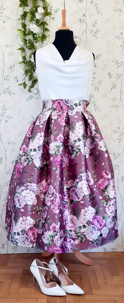 Gonna a pieghe Sabrina in stile anni '50, fantasia di rose (var. rosa antico)