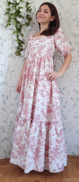 Cottage/vintage dress, abito in cotone fantasia "toile de jouy" in stile vintage, maniche a sbuffo e gonna ampia a balze