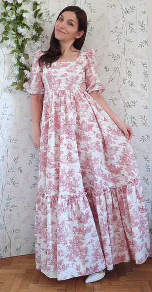 Cottage/vintage dress, abito in cotone fantasia "toile de jouy" in stile vintage, maniche a sbuffo e gonna ampia a balze