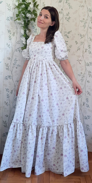 Cottage/vintage dress, abito in cotone fantasia provenzale in stile vintage, maniche a sbuffo e gonna ampia a balze